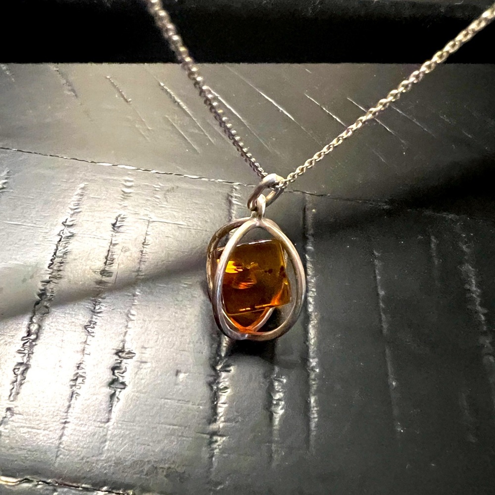 7” Silver Necklace with Caged Amber Charm